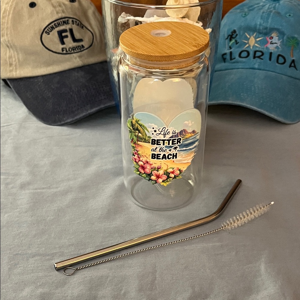 Beach Themed “Better at the Beach” Glass Tumbler w/Bamboo Lid-Metal Straw-Brush - Picture 1 of 5